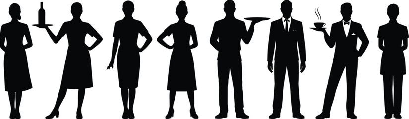 Silhouettes of professional waiters and waitresses, service staff standing, restaurant employees holding trays, formal uniform, hospitality industry workers isolated on white background, team concept