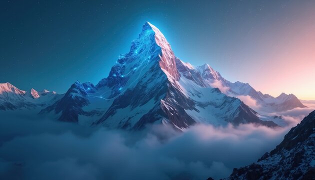 Snow-capped mountain summit glowing with blue digital energy lines innovation, success. Imagery represents digital transformation, cutting-edge technology, reaching peak performance in modern