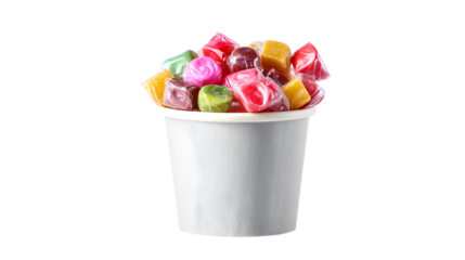 Assorted Wrapped Candies Overflowing from a White Paper Cup on a Transparent Background Scene for Easy Compositing