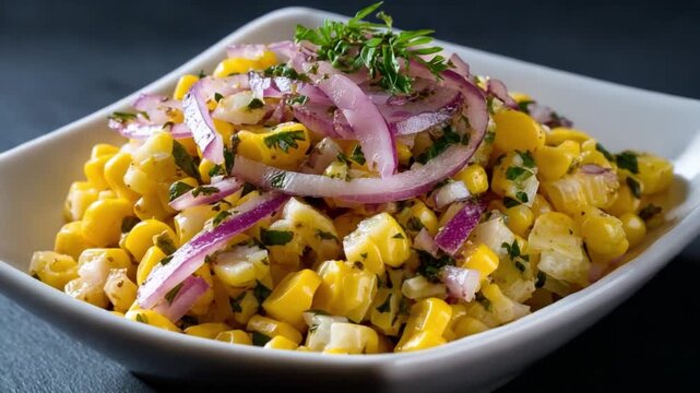Vibrant Corn Salad: A tantalizing dish showcasing the vivid colors and textures of fresh corn, complemented by the zesty sharpness of red onion and aromatic herbs, captured in a close-up shot.