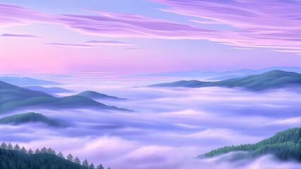 Naklejka premium Serene Purple Mist Enveloping Rolling Mountain Peaks at Dawn