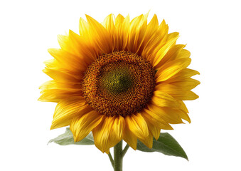 Fototapeta premium Close-up of a vibrant sunflower. Bright yellow petals surround a dark, textured center. Green leaves are visible near the base. Isolated on a black background
