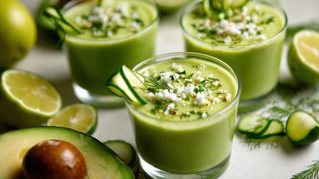 Green Gazpacho Refreshment: A culinary still life showcases vibrant green gazpacho, complemented by lime and avocado, suggesting fresh flavors and healthy choices in a visually appealing composition.