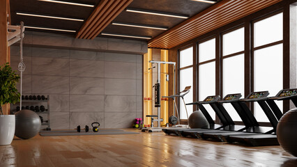 The gym has a modern and clean design with wooden floors and a high ceiling- 3D rendering