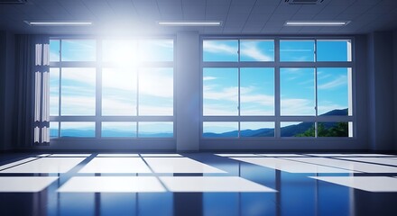 Bright classroom interior with sunlight streaming through large windows and a view of the sky