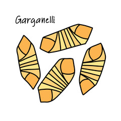 Italian pasta garganelli, wheat macaroni in doodle style isolated on white background