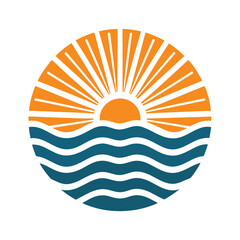 Stylized orange sunburst over teal ocean waves in a circle sunrise sunset