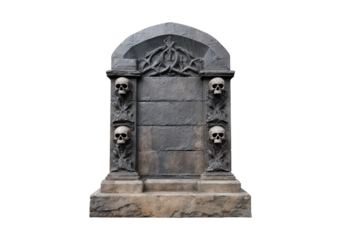 Ornate stone tombstone with skulls decoration in dark gothic design on transparent background, PNG