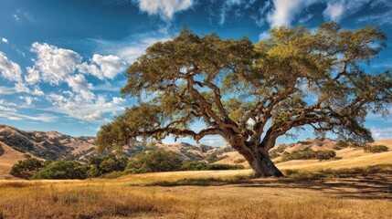 Obraz premium Majestic oak tree in a sun-drenched landscape