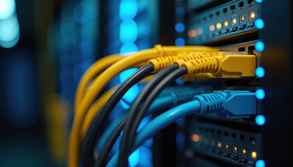 Yellow ethernet cable connected to black ethernet cable in enterprise networking environment. Data transfer, modern network equipment, server rack, digital communications. High-tech tech concept,