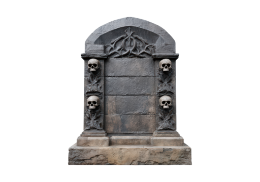 Ornate stone tombstone with skulls decoration in dark gothic design on transparent background, PNG