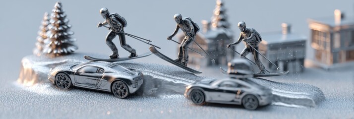 Skiers maneuver through a winter landscape with toy cars on a snowy surface during an afternoon light