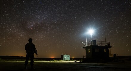 Lone Soldier on Military Base Looking at Stars at Night with Bright Floodlights
