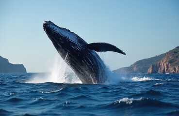 Fototapeta premium Majestic humpback whale breaches ocean depths, powerful aquatic mammal leaps from blue water. Dramatic display of marine life, nature grandeur, wild creature energy. Stunning underwater view.