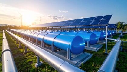 Sustainable energy future: Solar panels and wind turbines power blue hydrogen storage tanks in vibrant landscape