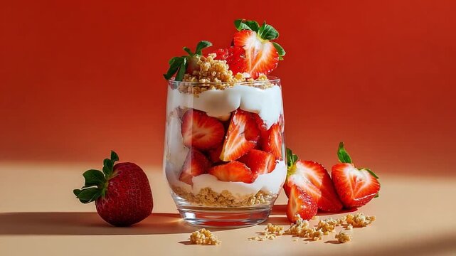 Strawberry Parfait Delight: A tempting parfait layered with fresh strawberries, creamy yogurt, and crunchy granola. Set against a warm, inviting background.