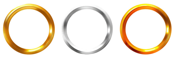 Three circular rings in gold, silver, and gold, a pixelated graphic