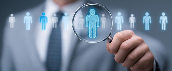 Businessman examines a person icon under a magnifying glass, surrounded by other icons