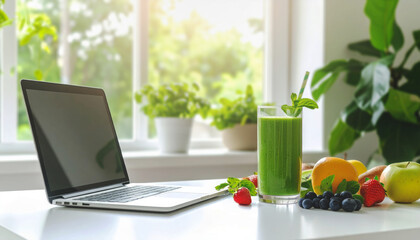 Green Smoothie with Laptop and Fresh Fruits.