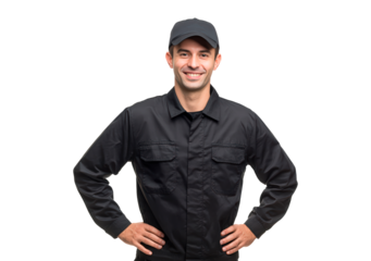Smiling man worker in black uniform and cap with hands on hips on transparent background, PNG