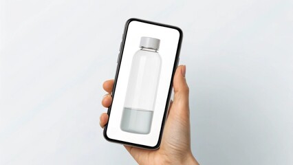 Hand holding smartphone with water bottle isolated on white background