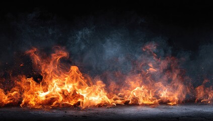 Fiery flames and smoke on a dark surface
