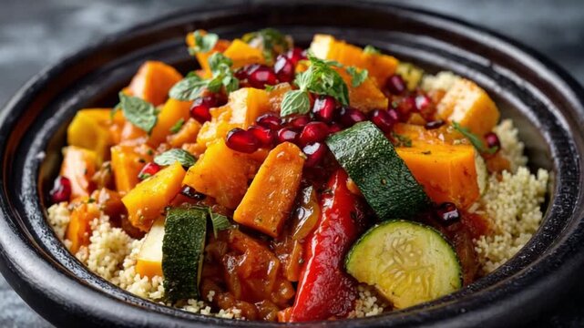 A Culinary Symphony: An artfully arranged tagine dish bursts with colors and textures, showcasing vibrant vegetables, fragrant spices, and delicate couscous.