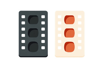 Two stylized filmstrips, one dark gray, one light beige, depicting movie footage