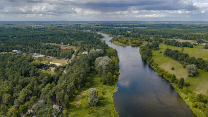 Aerial View of River and Rural Landscape in Nowy Lubiel, Poland