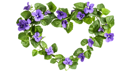 Delicate Heart Shaped Wreath of Purple Violets and Green Leaves on Transparent Background for Springtime Designs