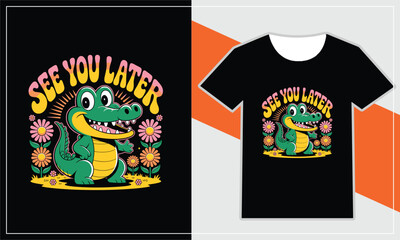 Cartoon dinosaur t shirt design with fun floral elements