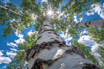 Low angle view of a birch tree trunk with bright sky and clouds.