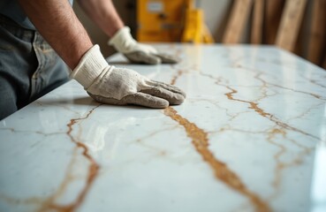 Hands wearing gloves install luxurious white marble countertop with elegant gold veining in modern kitchen. Home improvement project updates workspace with sleek, polished natural stone surface,