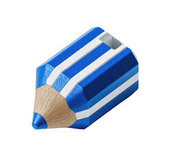 A stylized, 3D-rendered blue pencil with white stripes.  The pencil's body is a vivid blue, highlighted with thick white stripes running its length.  The tip is a light, natural brown. 