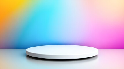A minimalist platform stands against a vibrant gradient background of colors, ideal for showcasing products or branding, Perfect for promotional materials, presentations, or online stores,