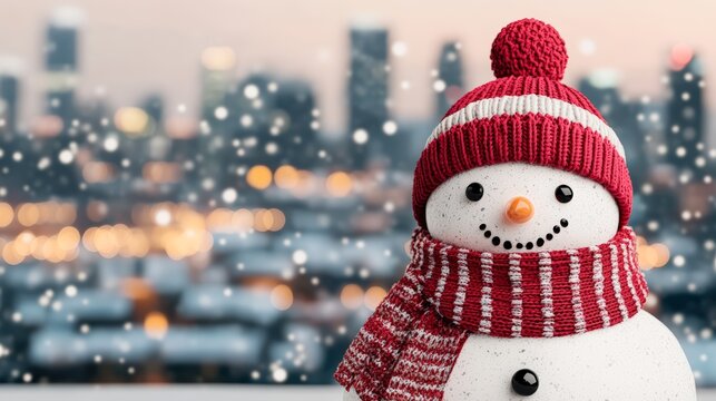 A cheerful snowman dressed in a red hat and scarf stands against a softly blurred city backdrop, evoking winter joy, Ideal for holiday marketing, seasonal promotions, and festive decorations,