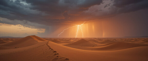 Minimalist Desert Scene with Dust Storm, Orange Sky, and Lightning