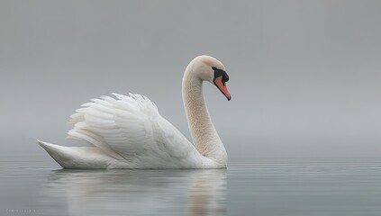 A graceful swan glides serenely on a misty lake