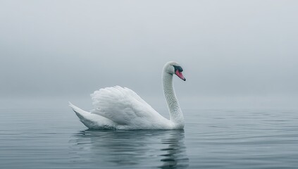 Fototapeta premium A serene white swan glides on a misty lake