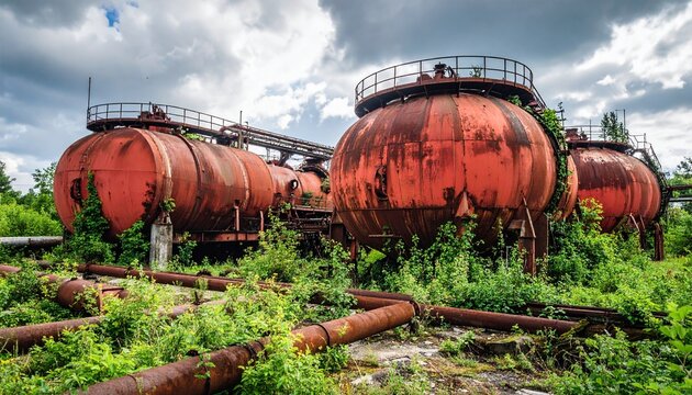 Explore abandoned industrial decay with weathered tanks amid vibrant green overgrowth a story of time's passage