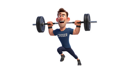 Cartoon man lifting barbell with energetic pose against black background