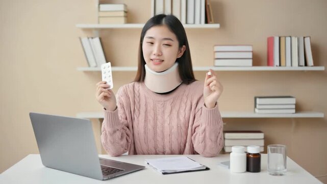 Telemedicine Consultation: A young woman consults remotely with her healthcare provider, holding medicine. Displaying a proactive approach to wellness and embracing technology to seek medical advice.
