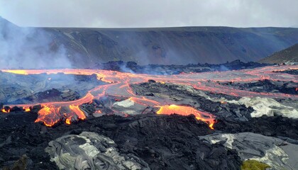 Fototapeta premium Volcanic Eruption Molten Lava Flowing Across a Dark Landscape
