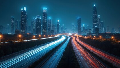 Fototapeta premium Aerial viewpoint of futuristic high-tech transport monitoring center in nighttime urban cityscape. Digital infrastructure pulses with connectivity, efficiency, smart planning. Dynamic traffic flow,