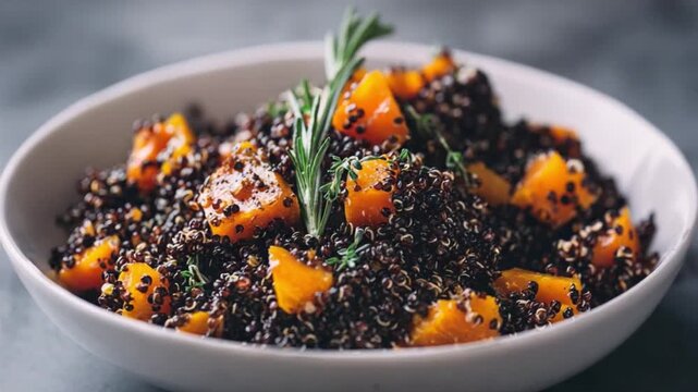 Black Quinoa with Butternut Squash: A visually appealing bowl of black quinoa paired with golden butternut squash, and a sprig of rosemary creating an enticing culinary delight.