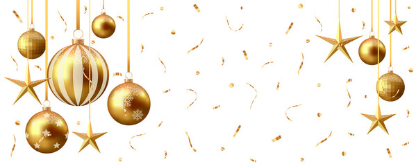 Gold christmas balls with shadow and confetti isolated on transparent background	