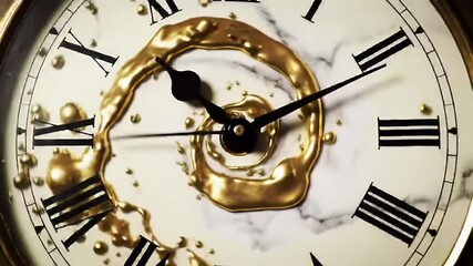 Melting Golden Clock Face With Roman Numerals on Marble Style Background a Time Passing Conceptual Image - Powered by Adobe