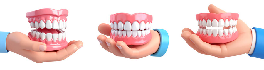 Obraz premium 3D illustration of hand holding set of artificial teeth, dental prosthesis, denture model, and healthy white teeth, isolated on transparency background, representing dental care and oral health