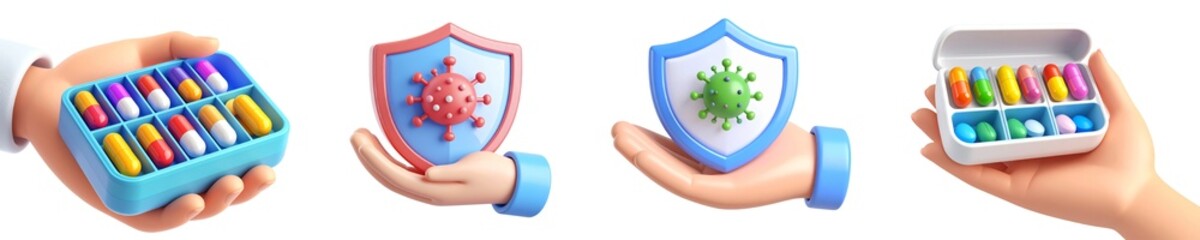 Hand pill medicine shield virus protection health colorful box prevention express sense of safety and care in healthcare with pills and shields symbolizing defense against illness