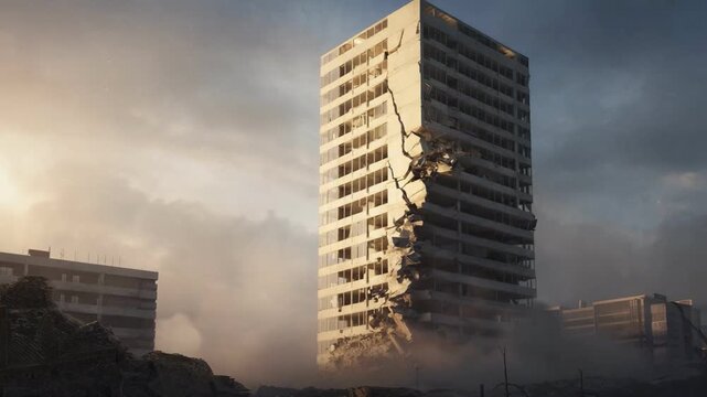 Cracking Skyscraper: A tall skyscraper succumbs to internal structural failure, cracking apart with a dramatic display of damage.